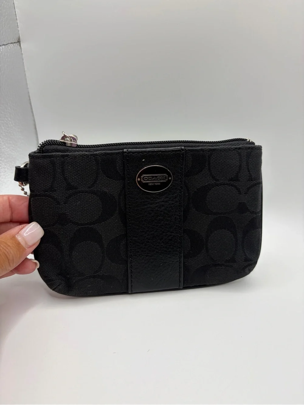 Coach Black Signature Canvas Wristlet with Leather Trim